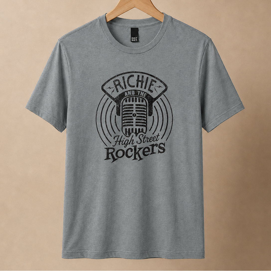 Gray t-shirt with 'Richie and the High Street Rockers' graphic on a beige background