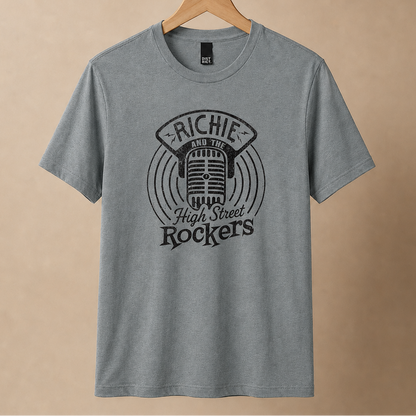 Gray t-shirt with 'Richie and the High Street Rockers' graphic on a beige background