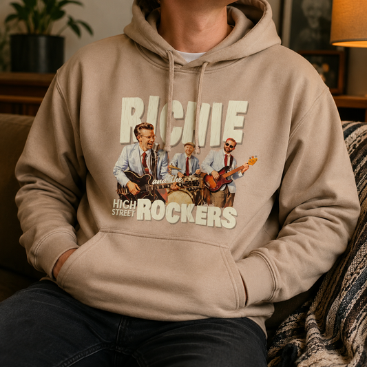 Person wearing a beige hoodie with 'RICHIE HIGH STREET ROCKERS' graphic design.