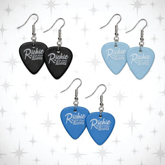 Guitar pick-shaped earrings in Dark Navy, blue, and light blue on a white background with star patterns.