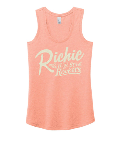 Peach tank top with yellow text on a white background