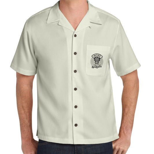 Beige short-sleeve button-up shirt with a High Street Rockers logo on pocket
